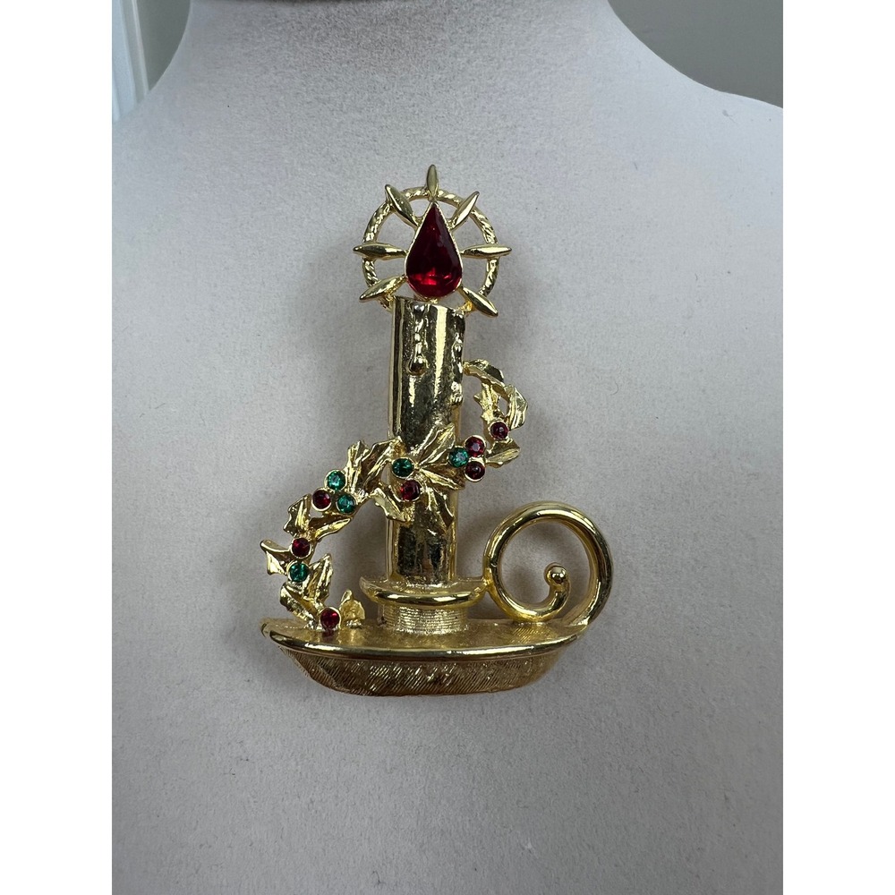 Premier Designs Christmas Candle Brooch Gold Tone Red Green Rhinestone Holly Pin